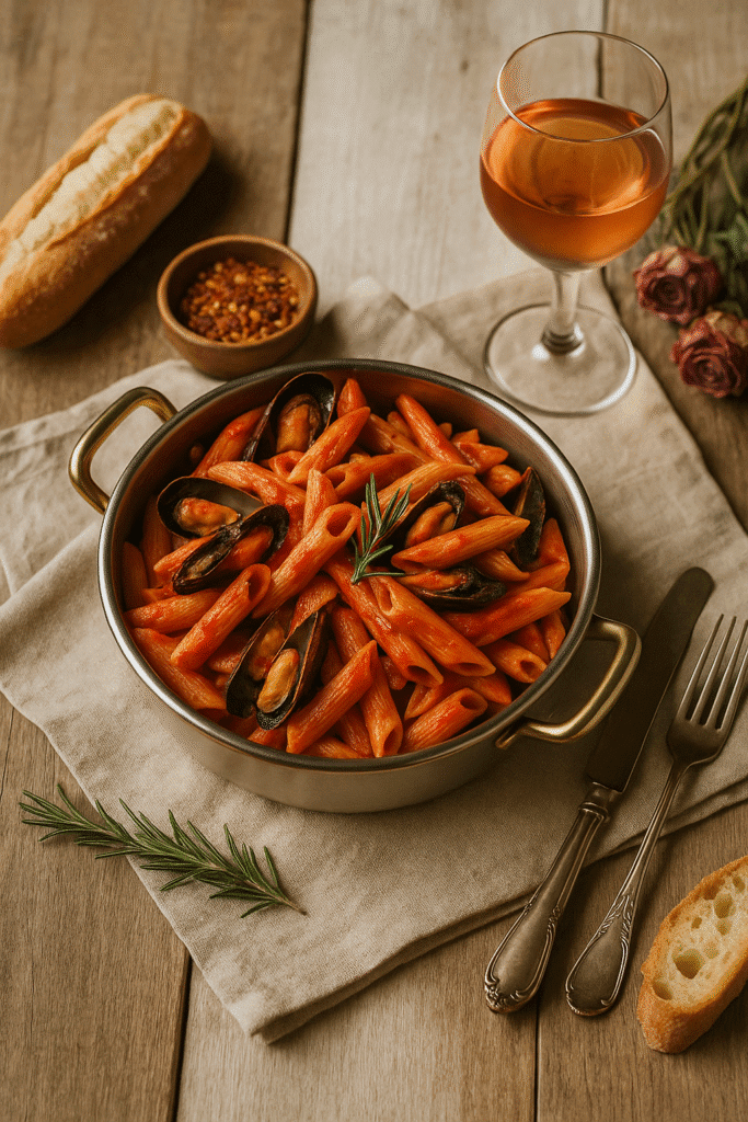 Penne pasta with mussels in tomato sauce served in a rustic setting with a glass of rosé wine.